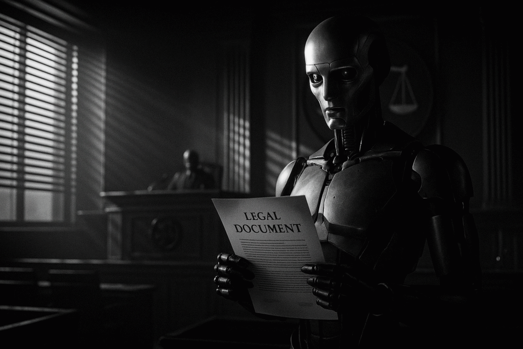 AI robot holding a legal document in a futuristic courtroom representing AI agent registration and legal accountability