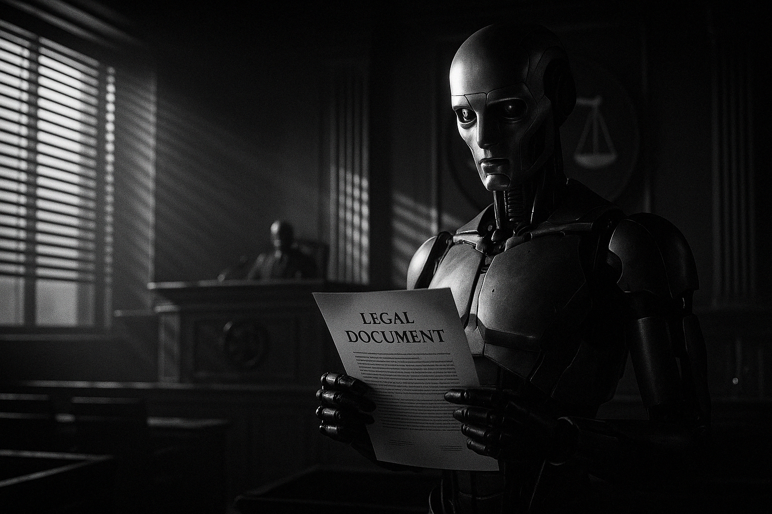 AI robot holding a legal document in a futuristic courtroom representing AI agent registration and legal accountability