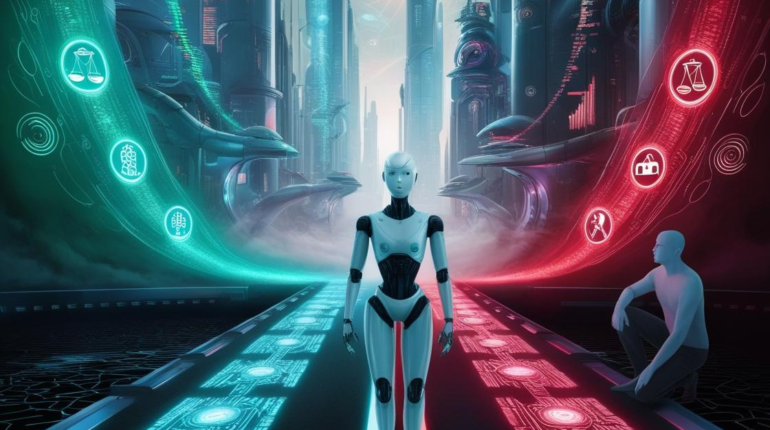 Futuristic AI robot at a digital crossroads in a smart city, choosing between two symbolic paths—one illuminated with green-blue light and icons of fairness and transparency, the other glowing red with symbols of bias, privacy breach, and opacity, while a human figure observes from the side
