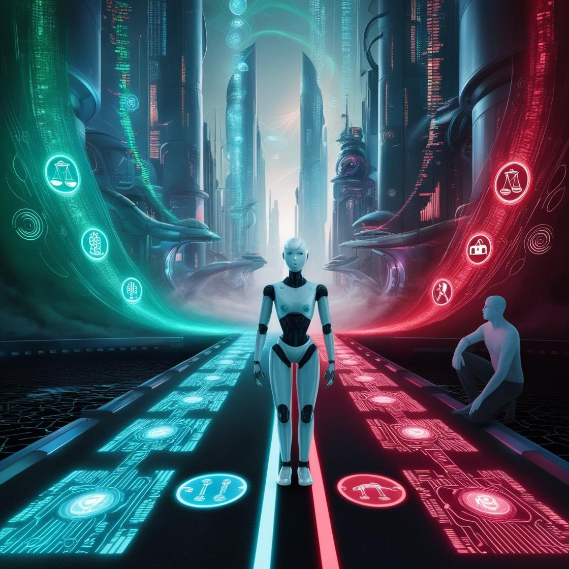 Futuristic AI robot at a digital crossroads in a smart city, choosing between two symbolic paths—one illuminated with green-blue light and icons of fairness and transparency, the other glowing red with symbols of bias, privacy breach, and opacity, while a human figure observes from the side