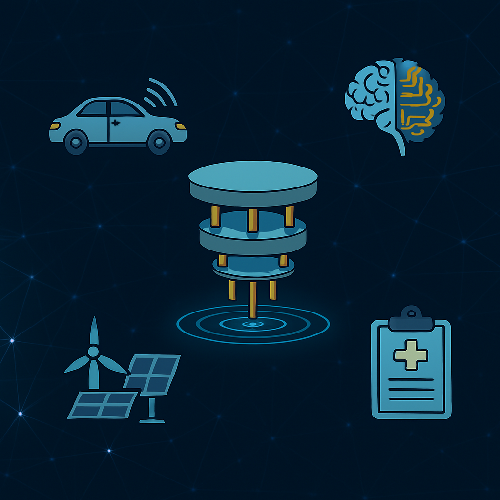 A stylized depiction of a central quantum processor surrounded by icons representing AI-powered technologies in healthcare, energy, transportation, and neural computing, overlaid on a quantum circuit grid