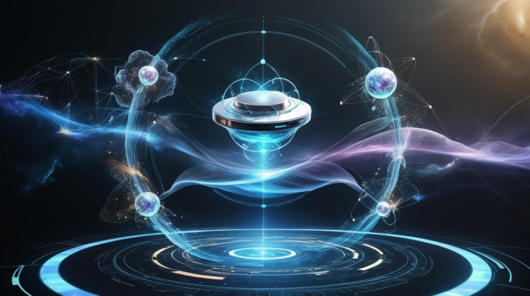 “A surreal digital illustration of a glowing quantum processor surrounded by energy waves, entangled particles, and cosmic patterns, representing the mystery and supremacy of quantum computing in a futuristic, space-like environment