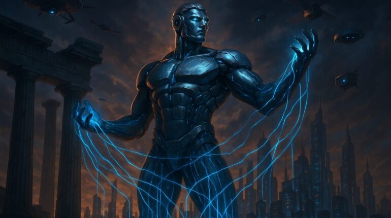 Futuristic AI guardian representing autonomous responsibility